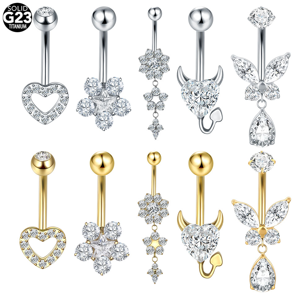 Belly Bar Titanium - ต่างหูเจาะสะดือรูปหัวใจไทเทเนียมประดับเพชร CZ สำหรับผู้หญิง ขนาด 14G ลายดอกไม้