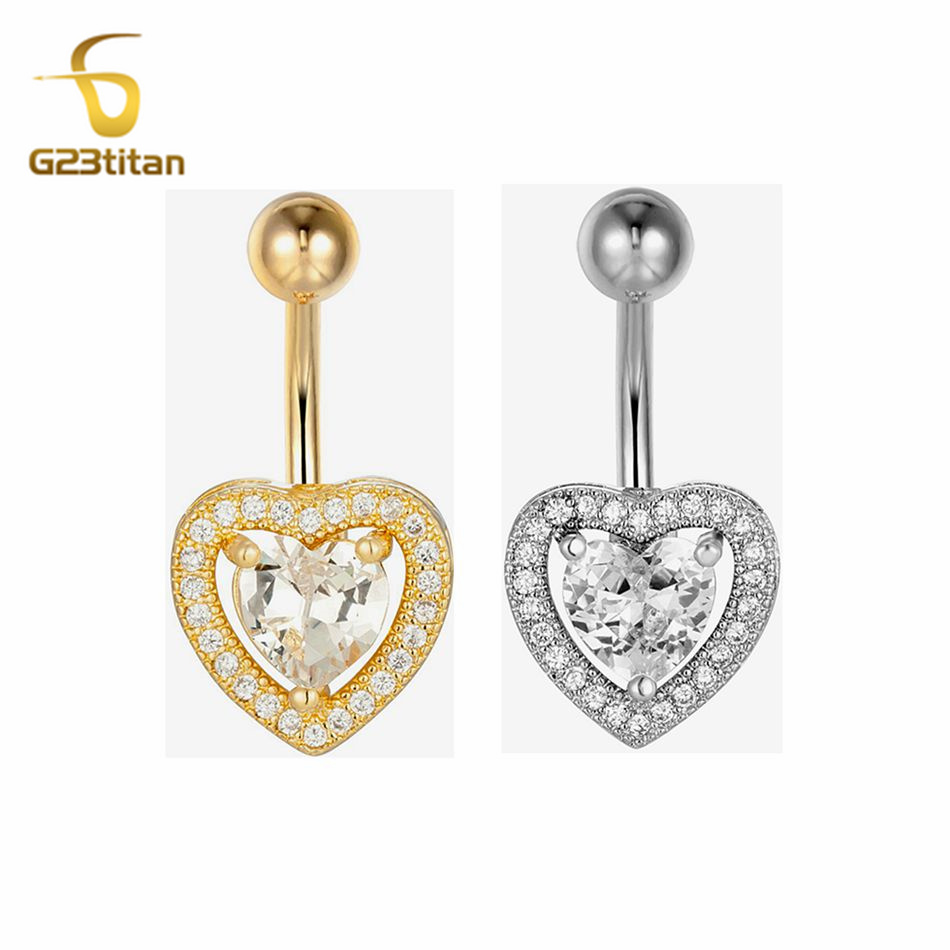 Belly Bar Titanium - จิวเจาะสะดือรูปหัวใจประดับเพชร CZ ไทเทเนียม G23 สำหรับผู้หญิงและเด็กผู้หญิง ขนาด