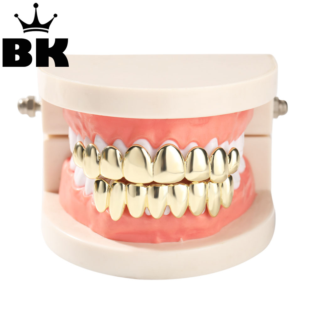 Body Jewelry Gold Plated - ชุดตะแกรงทอง14K BLING King ชุดด้านบนและด้านล่าง8ฟันหมวกปากฮาโลวีนสำหรับการแสดงฮิปฮอปปาร์ตี้