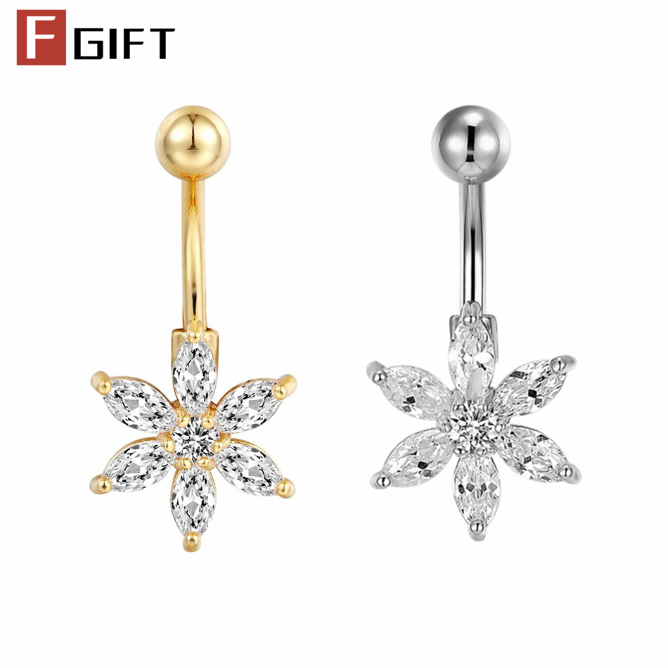 Belly Bar Titanium - แหวนเจาะสะดือเหล็กกล้าศัลยกรรม 1 ชิ้น ประดับเพชร CZ รูปดอกไม้