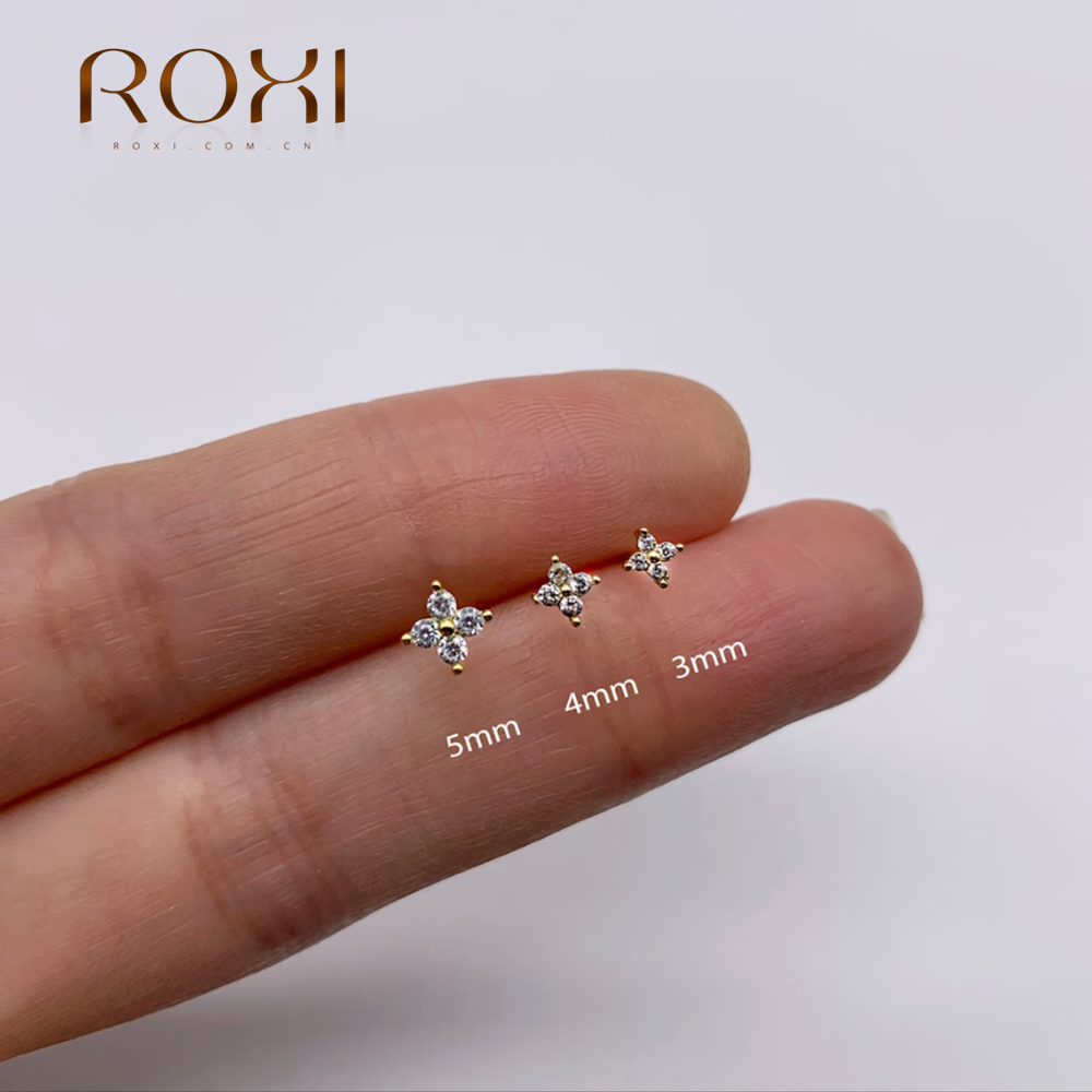 Body Jewelry Kit - ชุดต่างหูเงินสเตอร์ลิง925 roxi เพทายรูปดอกไม้ลูกบาศก์ต่างหู3ชิ้นสำหรับผู้หญิง3/4/5มม. เครื่องประดับเจาะหัวใจ/ดาว