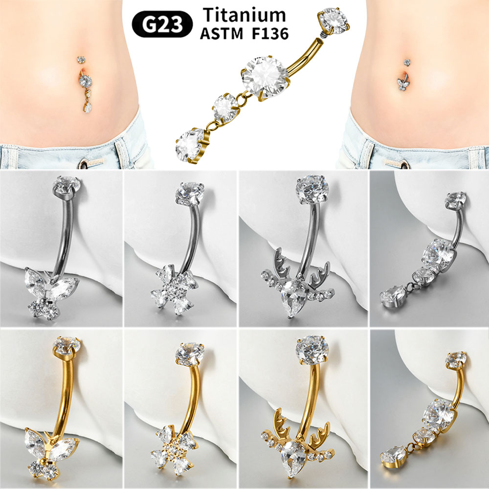 Belly Bar Titanium - ต่างหูเจาะสะดือไทเทเนียมรูปดอกไม้/ผีเสื้อ ประดับเพชรซิคอนทรงมาร์ควิส เกลียวใน ขนาด 16G