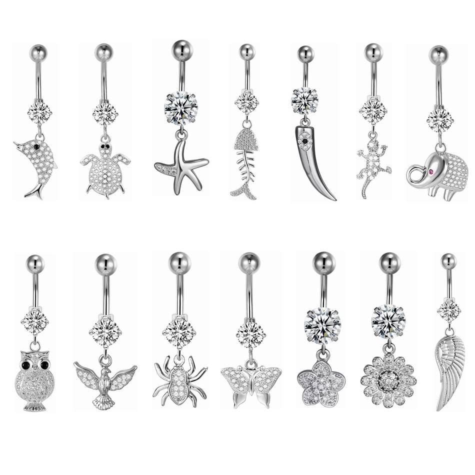 Belly Bar Titanium - แหวนเจาะสะดือไทเทเนียม 14G สีเงิน ประดับคริสตัล CZ แบบห้อย