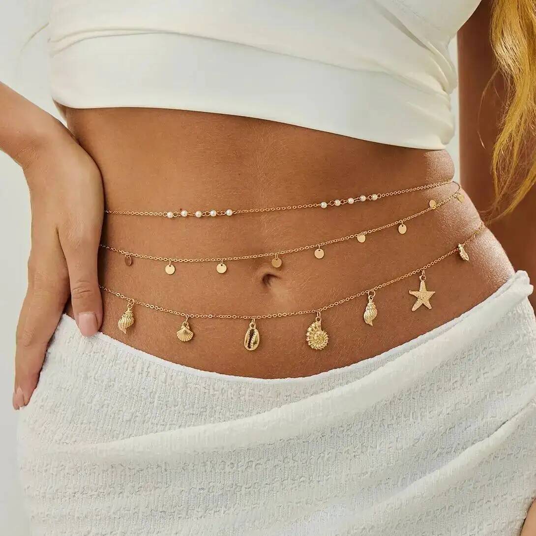 Qualiti Body Jewelry - IngeSight.Z 3 ชิ้น/เซ็ตโบโฮปลาดาวเปลือกหอยจี้เอวโซ่ผู้หญิงฤดูร้อนชายหาดเซ็กซี่บิกินี่เข็มขัดเครื่องประดับร่างกายอุปกรณ์เสริม