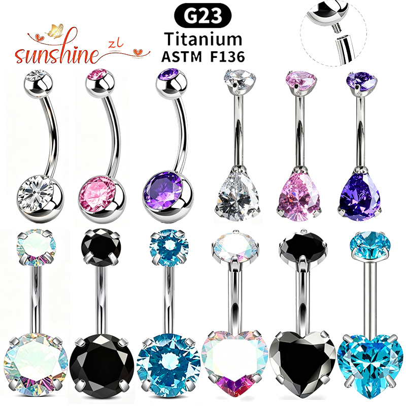 Belly Bar Titanium - แหวนเจาะสะดือไทเทเนียม G23 ประดับเพชรเซอร์คอน 1 ชิ้น ดีไซน์โค้ง