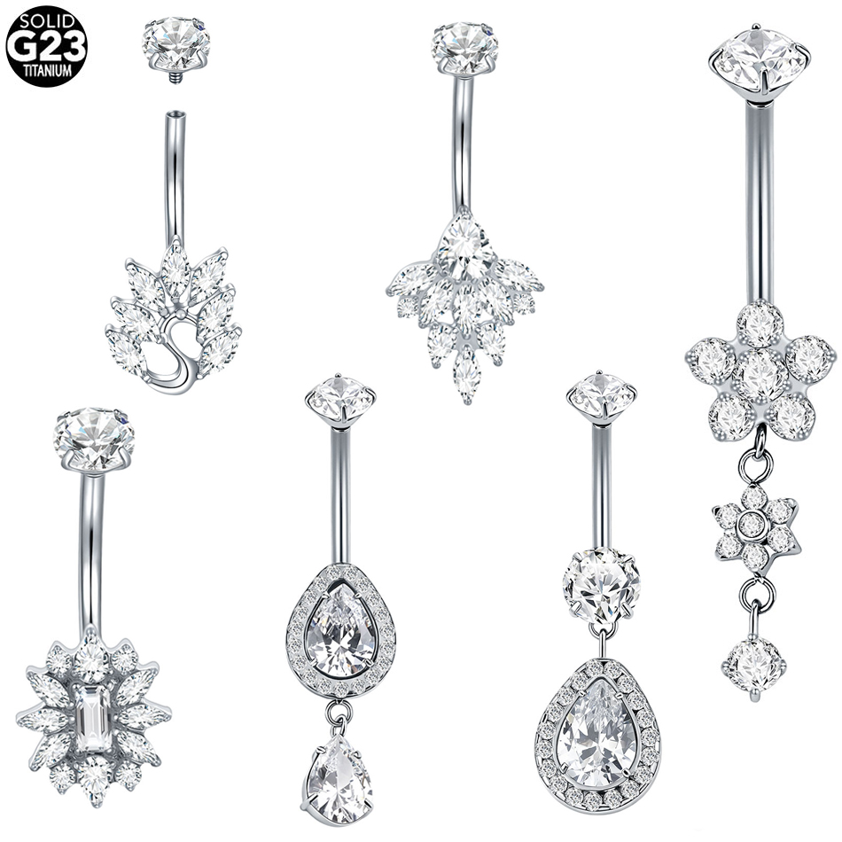 Belly Bar Titanium - จิวสะดือไทเทเนียม G23 แบบห้อยประดับเพชร CZ รูปดอกไม้ 1