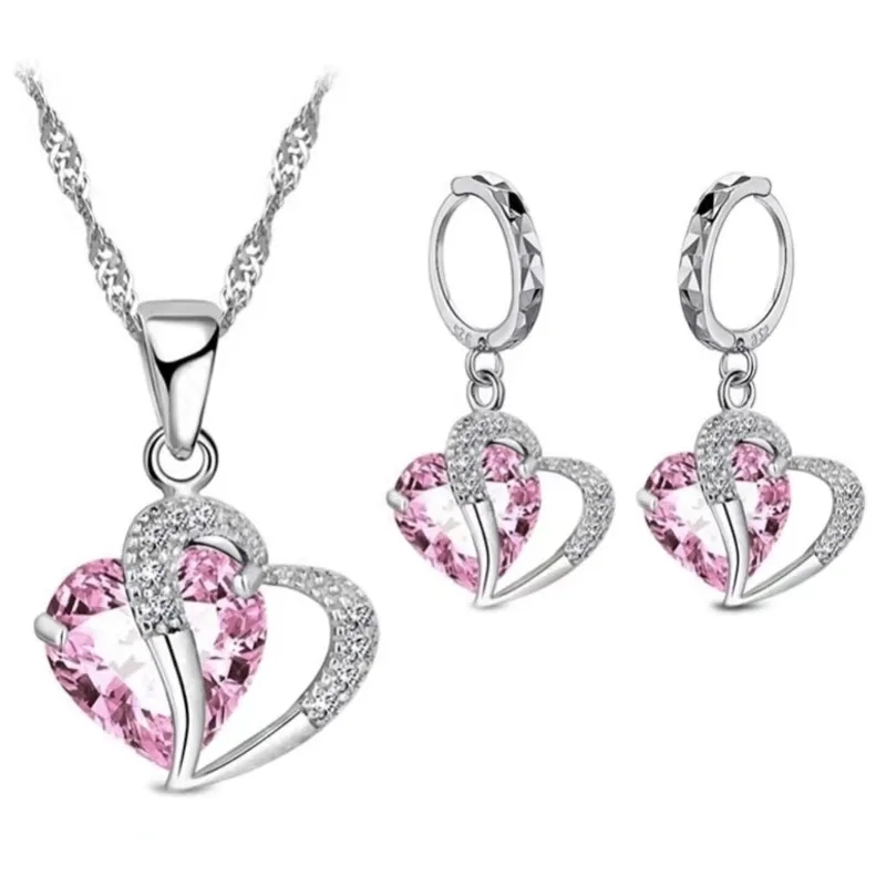 Body Jewelry Kit - ผู้หญิงหรูหรา 925 เงินสเตอร์ลิงประดับเพชรสร้อยคอจี้ต่างหูชุดกระดูกอ่อนเจาะเครื่องประดับงานแต่งงานการออกแบบหัวใจ