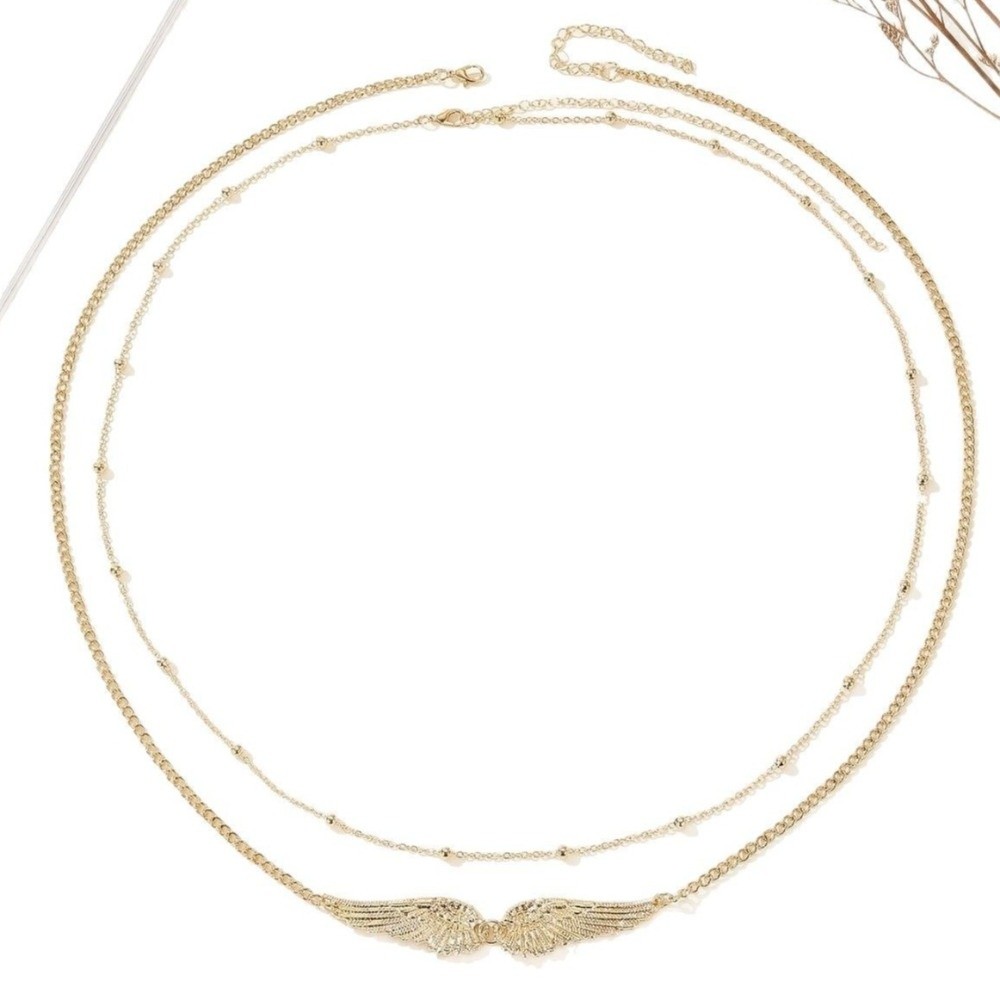 Body Jewelry Chain - โซ่คาดเอวแฟชั่นเก๋ไก๋สองชั้นรูปปีกประดับลูกปัด โซ่คาดเอวโลหะสีเงินสำหรับใส่กับบิกินี่ เหมาะสำหรับฤดูร้อน