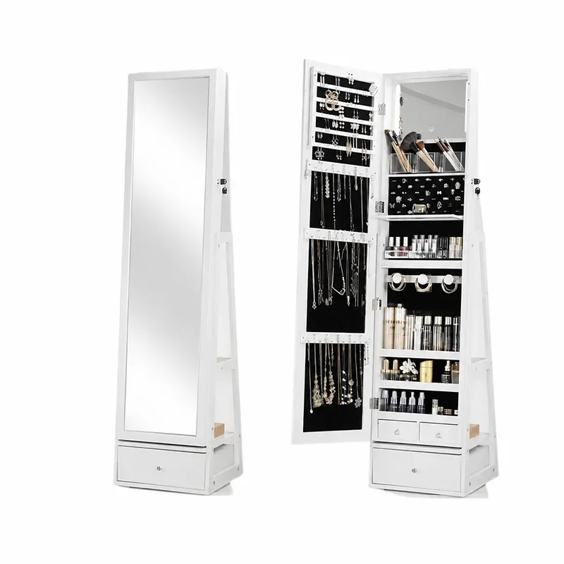 Body Jewelry Storage - กระจกตั้งพื้นแบบหมุนได้พร้อมตู้เก็บเครื่องประดับสำหรับห้องนอน ห้องแต่งตัว จัดเก็บเครื่องสำอางและผลิตภัณฑ์บำรุงผิว
