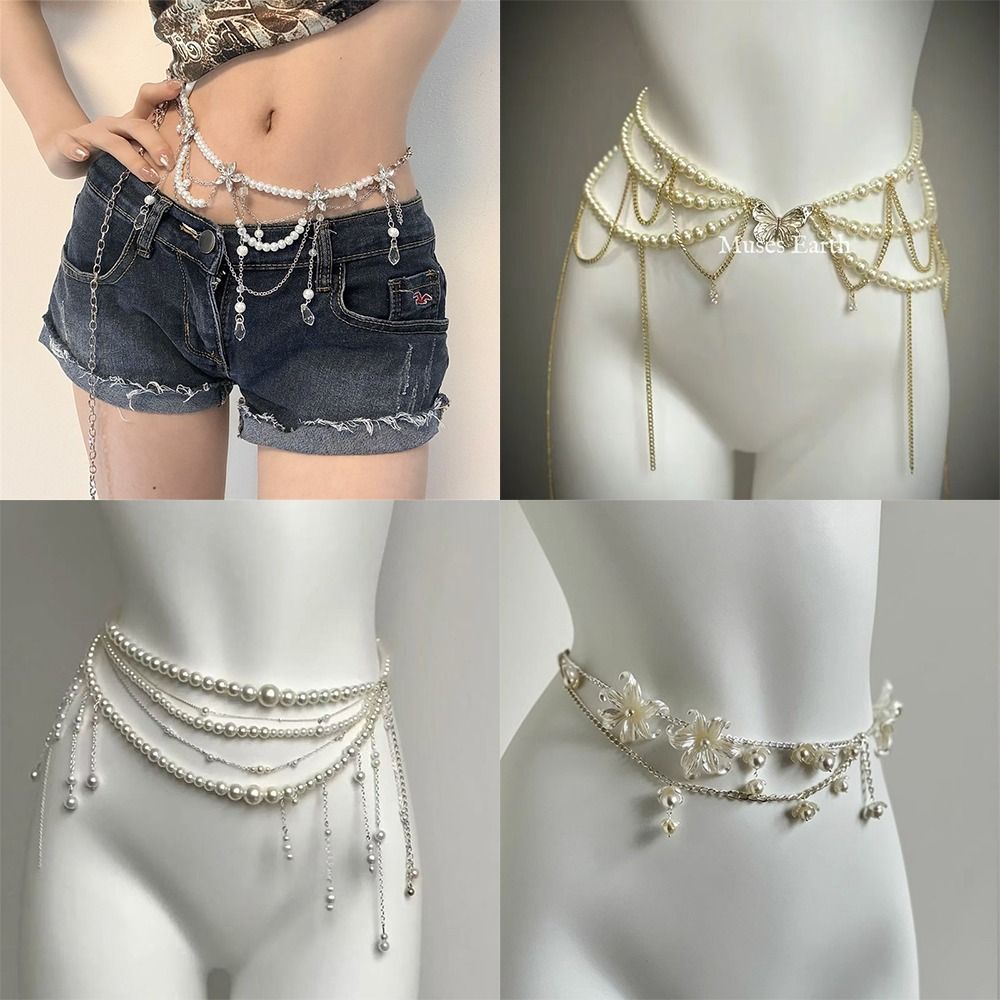 Qualiti Body Jewelry - โซ่คาดเอวไข่มุกแฟชั่นสุดหรู เครื่องประดับเอวอเนกประสงค์ ลายดอกไม้ โบฮีเมียน สำหรับผู้หญิง