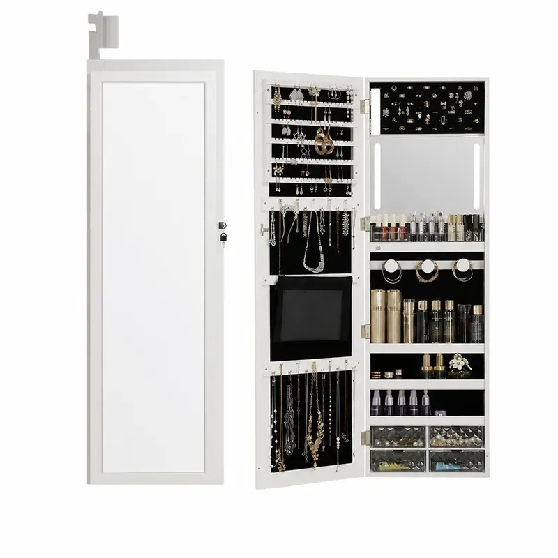 Body Jewelry Storage - กระจกเต็มตัวติดผนัง ตู้เก็บเครื่องประดับไม้ กระจกแต่งตัวอเนกประสงค์พร้อมไฟ LED ดีไซน์เรียบง่าย