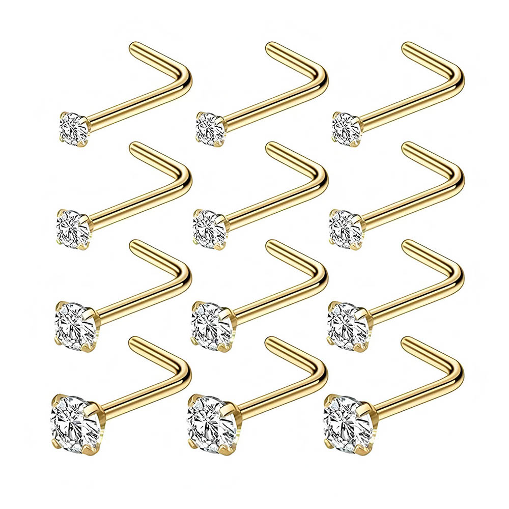Body Jewelry Kit - ชุดต่างหูเจาะจมูกแบบตัวแอล 12 ชิ้น ทำจากสแตนเลส 316L ป้องกันการแพ้