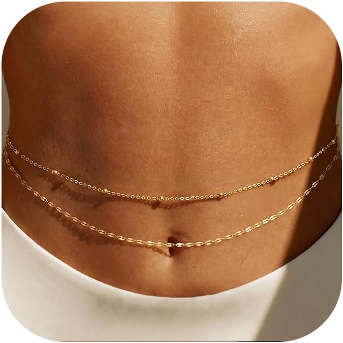 Qualiti Body Jewelry - โซ่คาดเอวชุบทอง 14K สำหรับผู้หญิง แบบหลายชั้น ประดับลูกปัดทอง สายคาดเอวแบบโซ่
