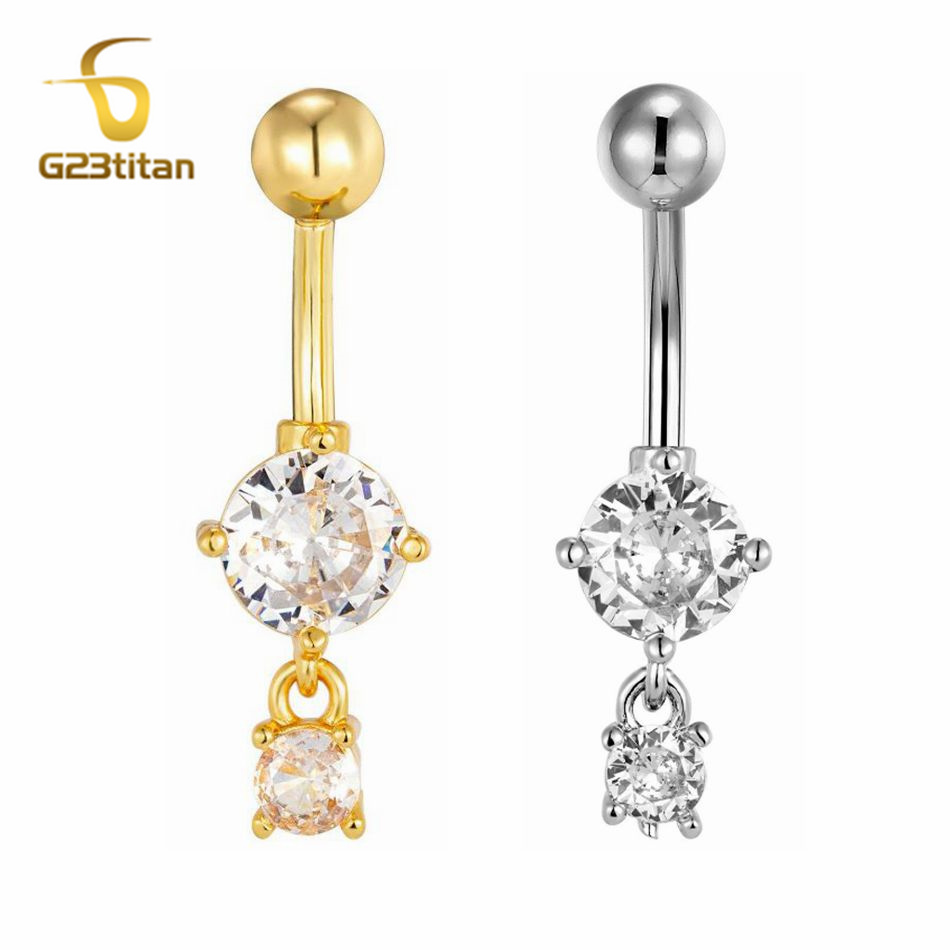 Belly Bar Titanium - CZ Zircon Dangle แหวน 14G ไทเทเนียมเจาะ